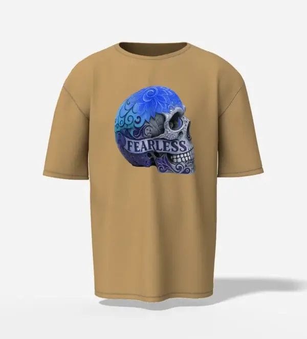 oversized beige t-shirt fearless blue skull