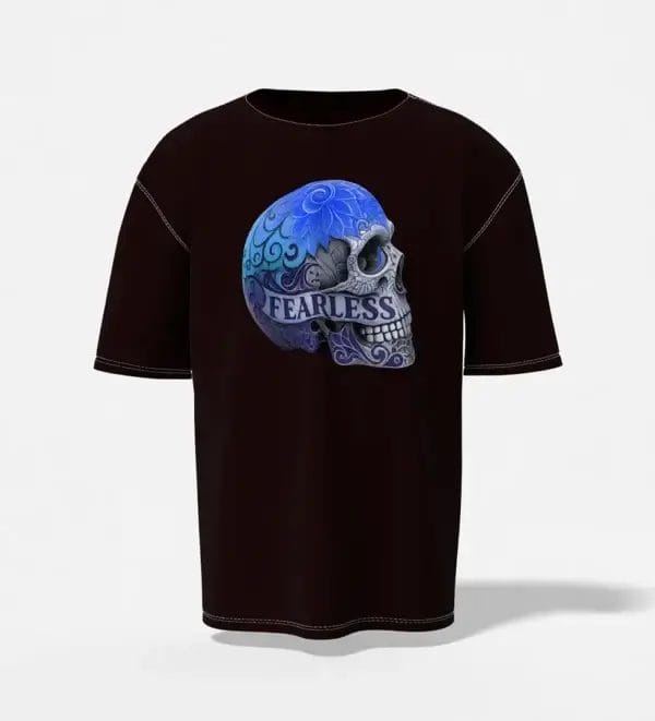 oversized maroon t-shirt fearless blue skull