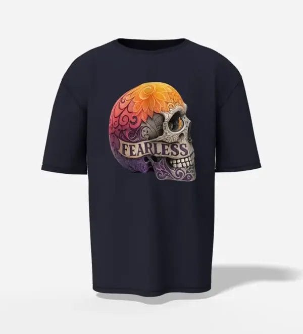 Black t-shirt with colorful skull and fearless graphic design