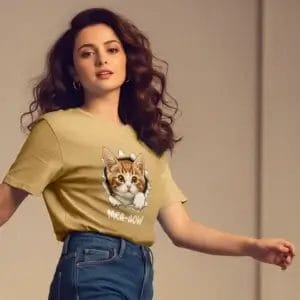 Unisex Oversized drop shoulder t-shirt mea-aow cat female model Beige