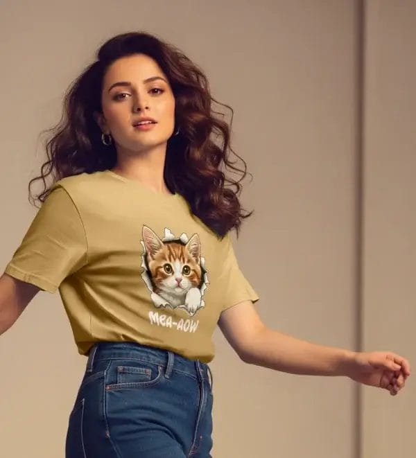Unisex Oversized drop shoulder t-shirt mea-aow cat female model Beige