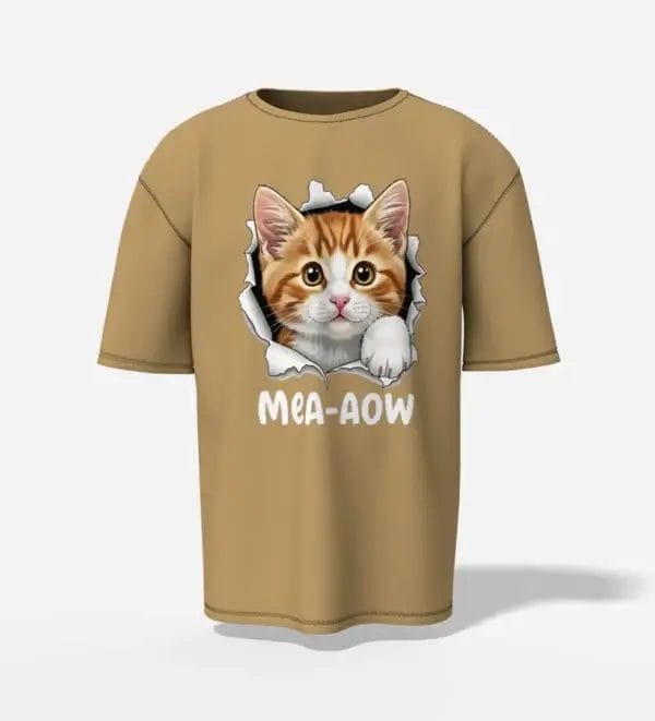 Unisex Oversized drop shoulder t-shirt mea-aow peeking cart Beige