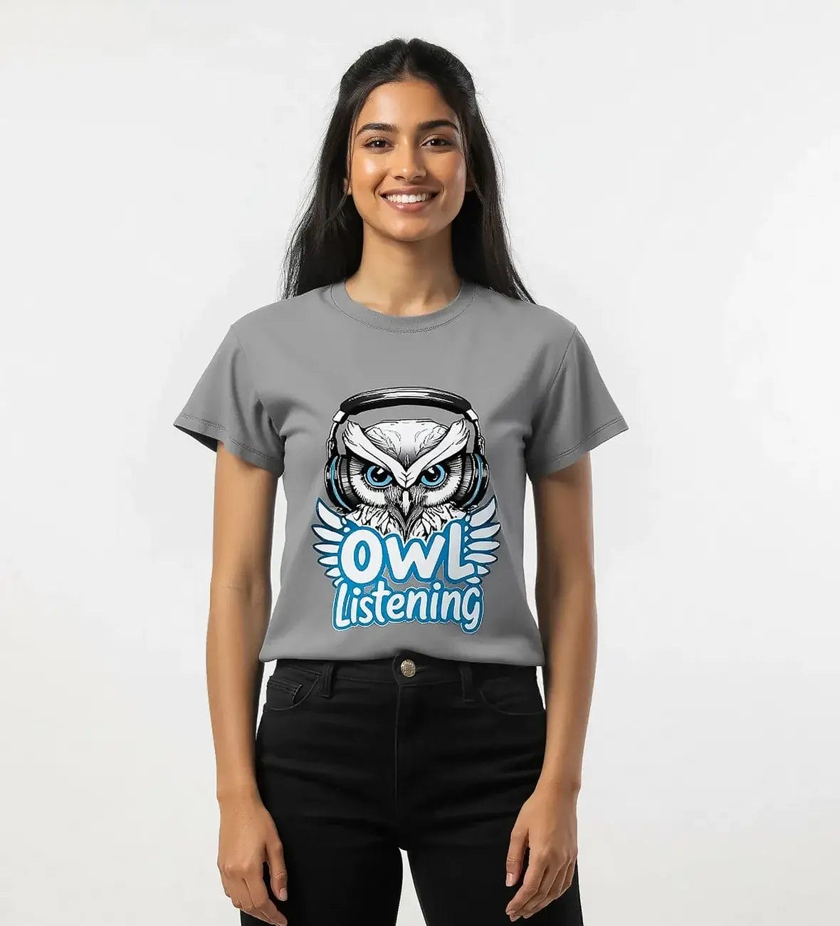 Unisex-T-Shirt-Owl Listening-F-Model-HTG Unisex T-shirt Owl Listening female Model HTG heather grey