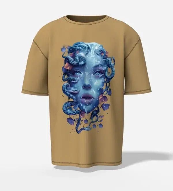 Oversized Drop Shoulder T shirt Mystic Medusa Gaze Beige