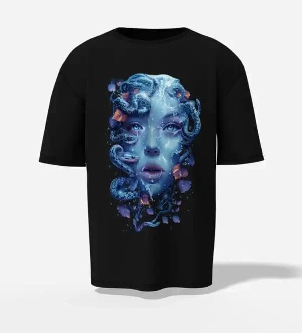 Oversized Drop Shoulder T shirt Mystic Medusa Gaze Black