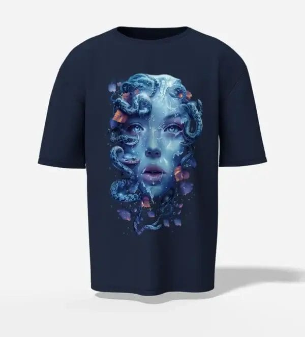 Oversized Drop Shoulder T shirt Mystic Medusa Gaze Navy