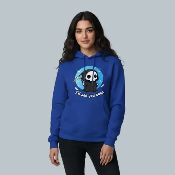 I'll See You Soon Cute Grim Reaper Hoodie Female Model