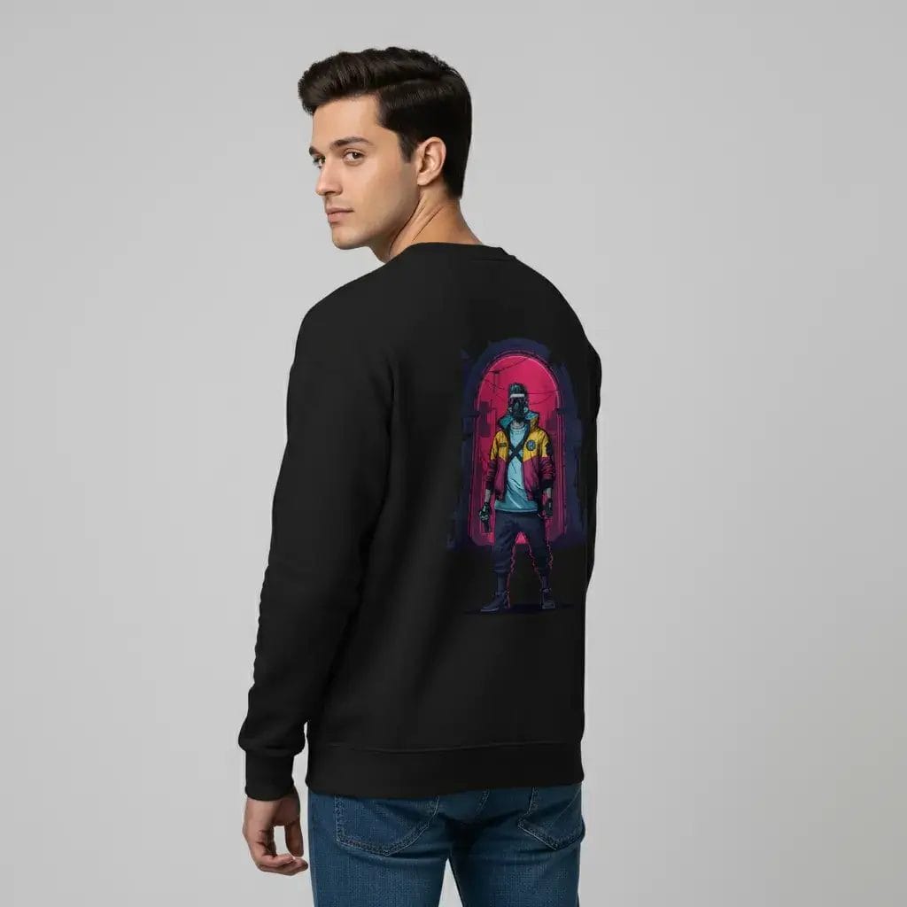 Neon-Rebel-Back-Print-Graphic-Sweatshirt-BLK-M-Model Neon Rebel Back Print Graphic Sweatshirt Black - Male Model Backside View