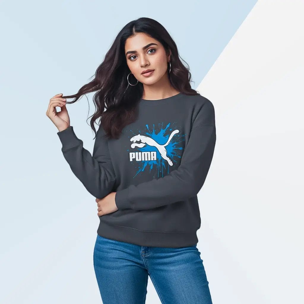 Puma-Graphic-Sweatshirt-Splash-Art-Female-model-01 Puma Graphic Sweatshirt Splash Art Streetwear Female Model Front standing view