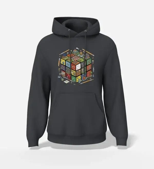 Rubik's Town Cube Pullover Graphic Hoodie Charcoal Grey