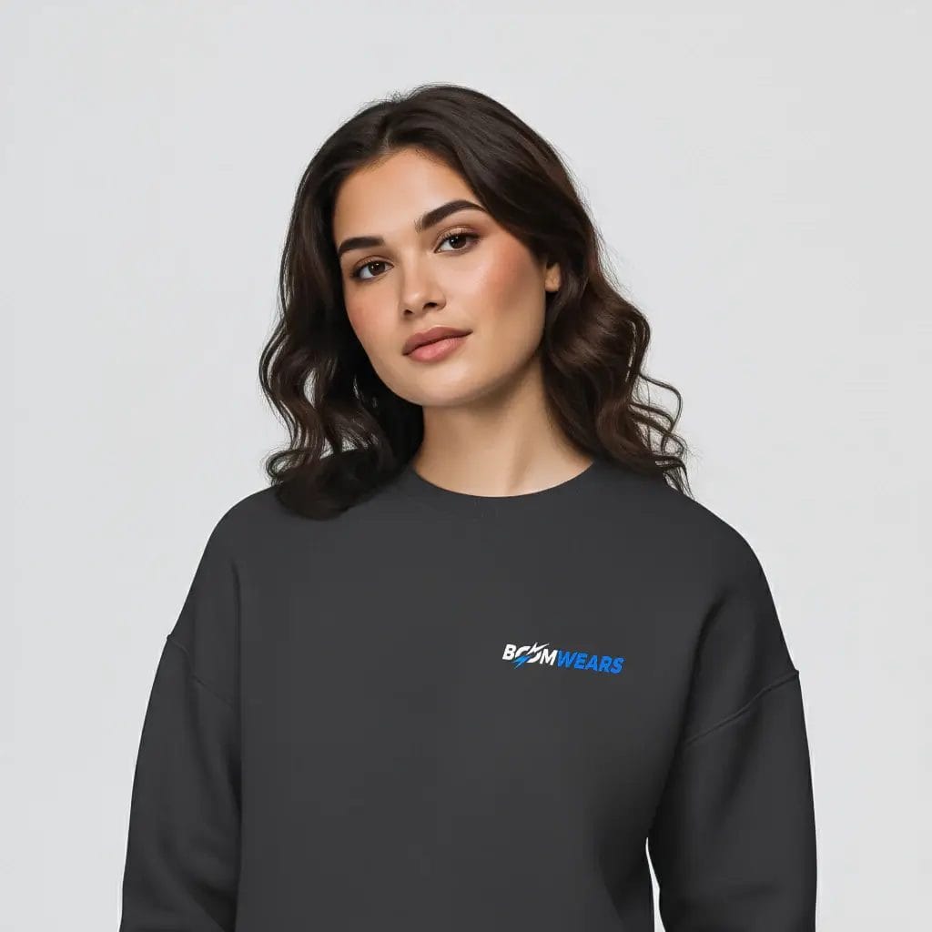 Unisex-Charcoal-Grey-Sweatshirt-Boomwears-Female-Model Unisex Charcoal Grey Sweatshirt Boomwears Female Model